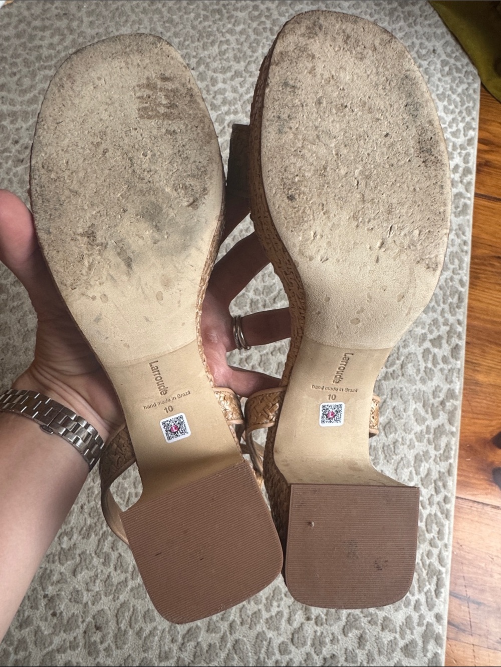 Larroude Dolly Verona Low Sandal In Natural Raffia and Beige Leather, size 10 - Picture 7 of 10